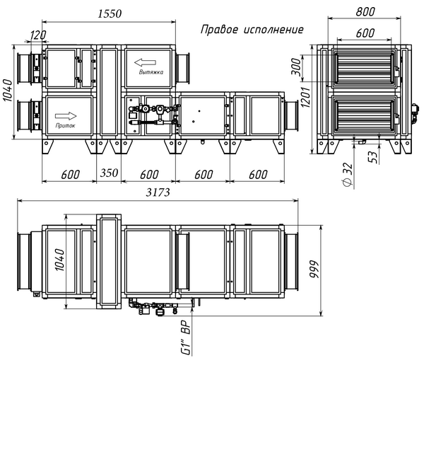 Габаритные и присоединительные размеры Breezart 3700 Aqua RR F